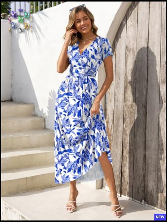 Floral Print Maxi Dress Casual V Neck Short Sleeve Flowy Sundress with Pockets - Picture 4 of 7